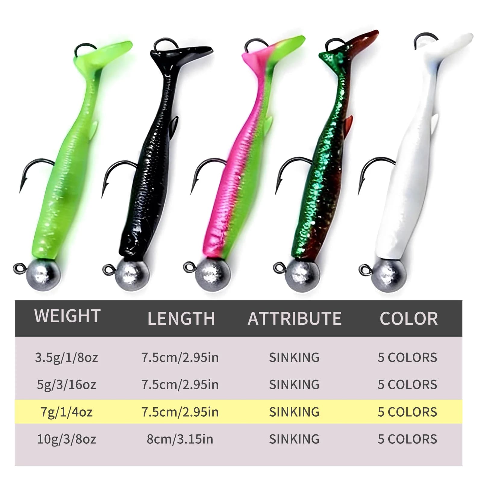 Zachte paddle tail zwem-aasjes met dubbele haken, 5 stuks